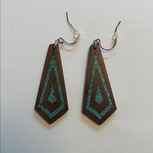 Wood Teardrop Dangle Earrings with Turquoise Inlay - Women Jewelry